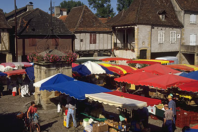 Es ist gerade Marktzeit in einem kleinen Dörfchen in den Midi Pyrénées. Viele lokale Bauern bieten hier ihre frischen Waren an.