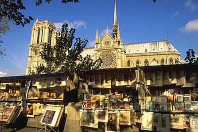 Im Hintergrund die Kathedrale Notre-Dame. Davor wie so oft in Frankreich zu finden, eine Künstler Ausstellung.