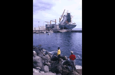 Der Hafen von Guadeloupe, Frankreich. Im Hafen liegen riesige Containerschiffe vor Anker von wo aus sie in alle Welt geschickt werden