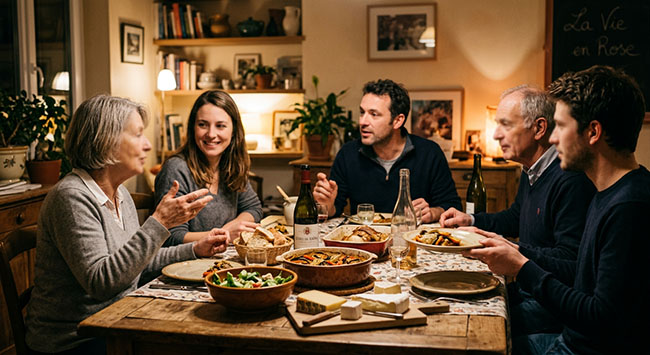 Abendessen am Tisch, Konversation auf Französisch, warme häusliche Atmosphäre (KI generiertes Bild)