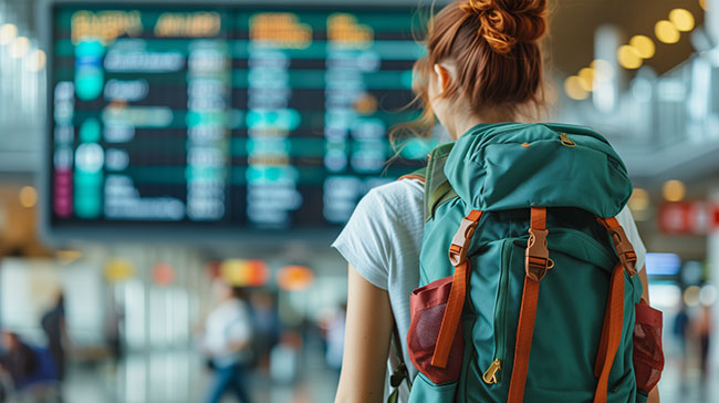Flugreise steht vor einer Anzeigetafel am Flughafen
