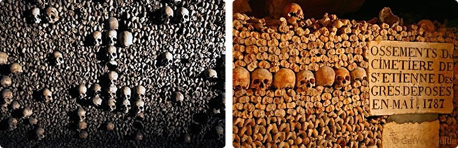 Knochen und Schädel in den Katakomben von Paris