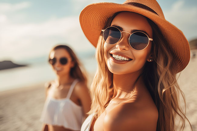 Frauen am Strand mit Sonnenbrille, dämmerlicht.