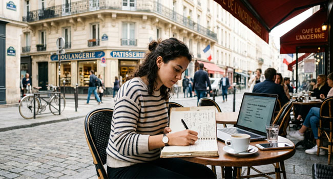 Lernende Person mit Vokabelheft/Laptop an einem Café-Tisch, im Hintergrund typisch französisches Flair. (KI generiertes Bild)