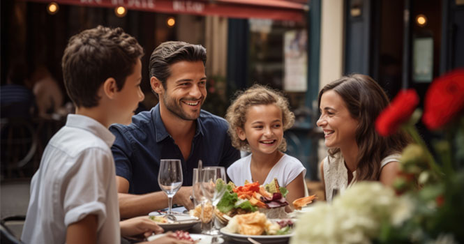 Familien genießen ein festliches Essen in einem lokalen Bistro und lassen sich am französischen Nationalfeiertag mit französischer Küche verwöhnen. Generative KI.